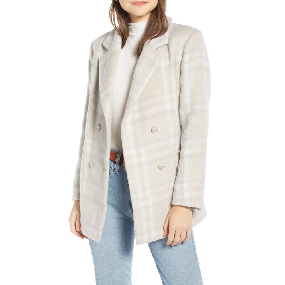 Something‎ Navy Plaid Wool Blend Double Breasted Jacket Peacoat Size Small